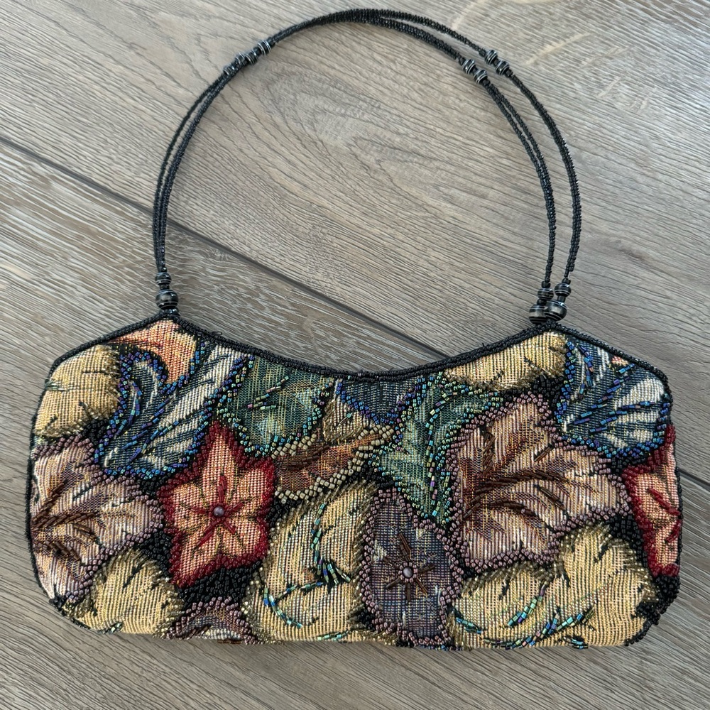 Jessica Mcclintock Vintage 90s Beaded Tapestry Evening Handle Clutch Purse